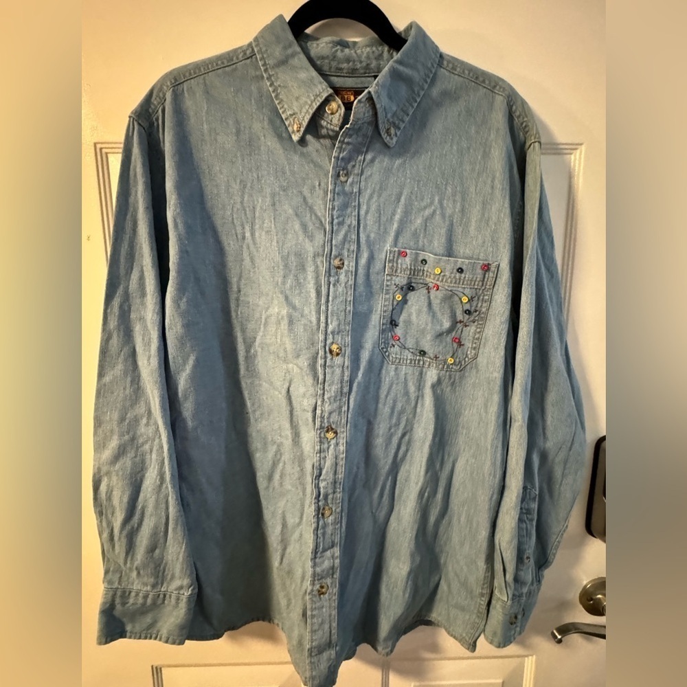 VTG Custom Denim Shirt Handpainted Embroidered Cotton Grannycore Coastal Grandma - Picture 3 of 15